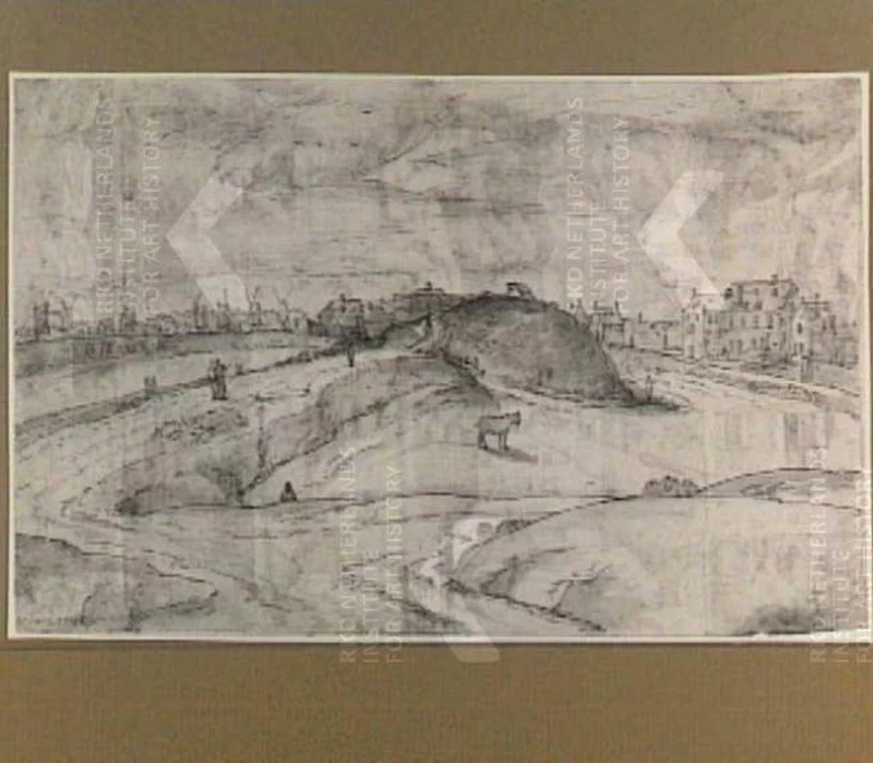 Mura della città con mulini a vento e case